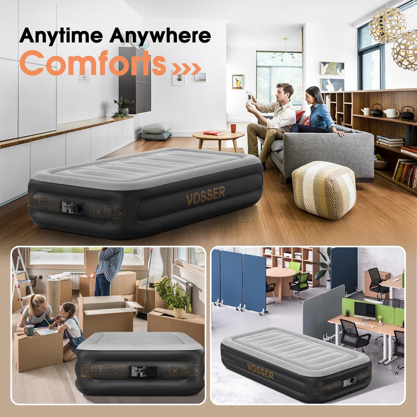 VOSSER Twin Air Mattress with Built in Pump,Inflatable Mattress 2 Mins Self-Inflation/Deflation,Thicker Blow up Mattress Leak-Proof,Flocked Top Air Bed with Storage Bag for Home, Camping & Guests