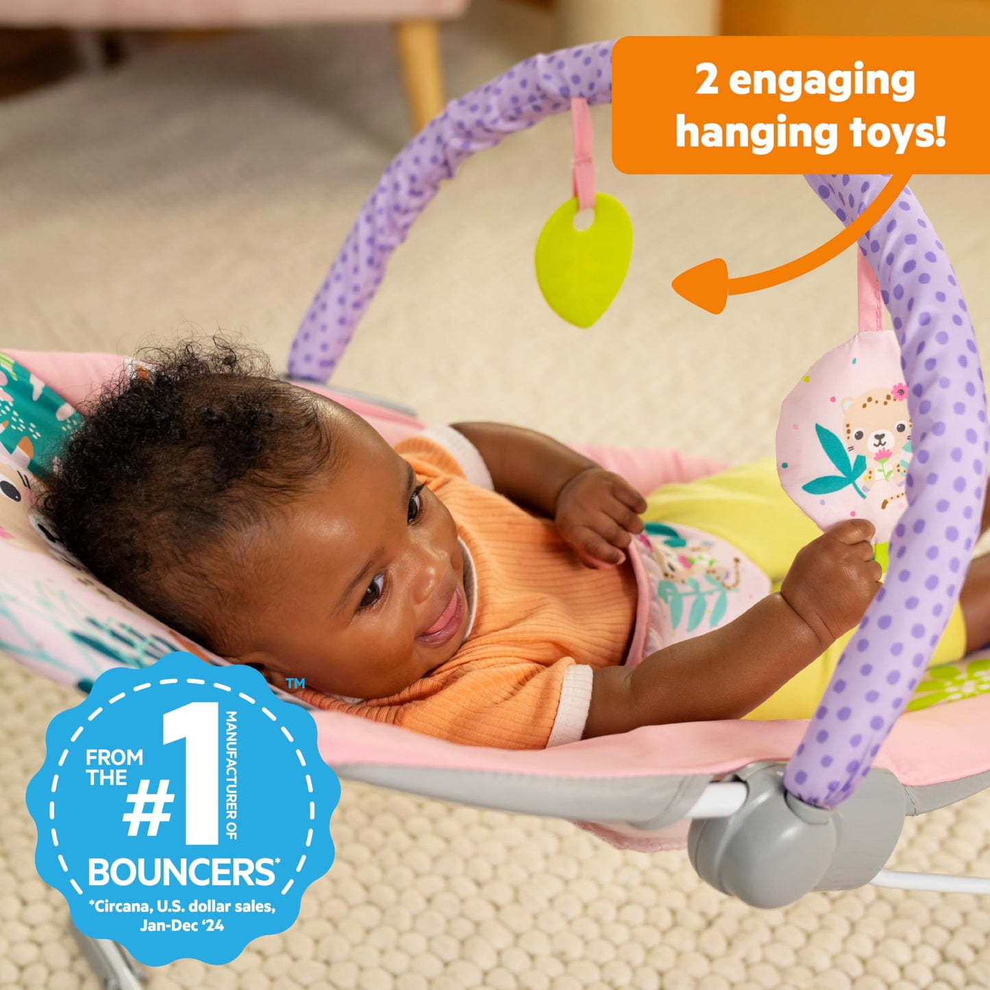 Bright Starts Pink Vibrating Baby Bouncer, Removable Toy Bar with 2 Toys, Nonslip Feet, 0-6 Months Up to 20 lbs (Wildflower Wonders)