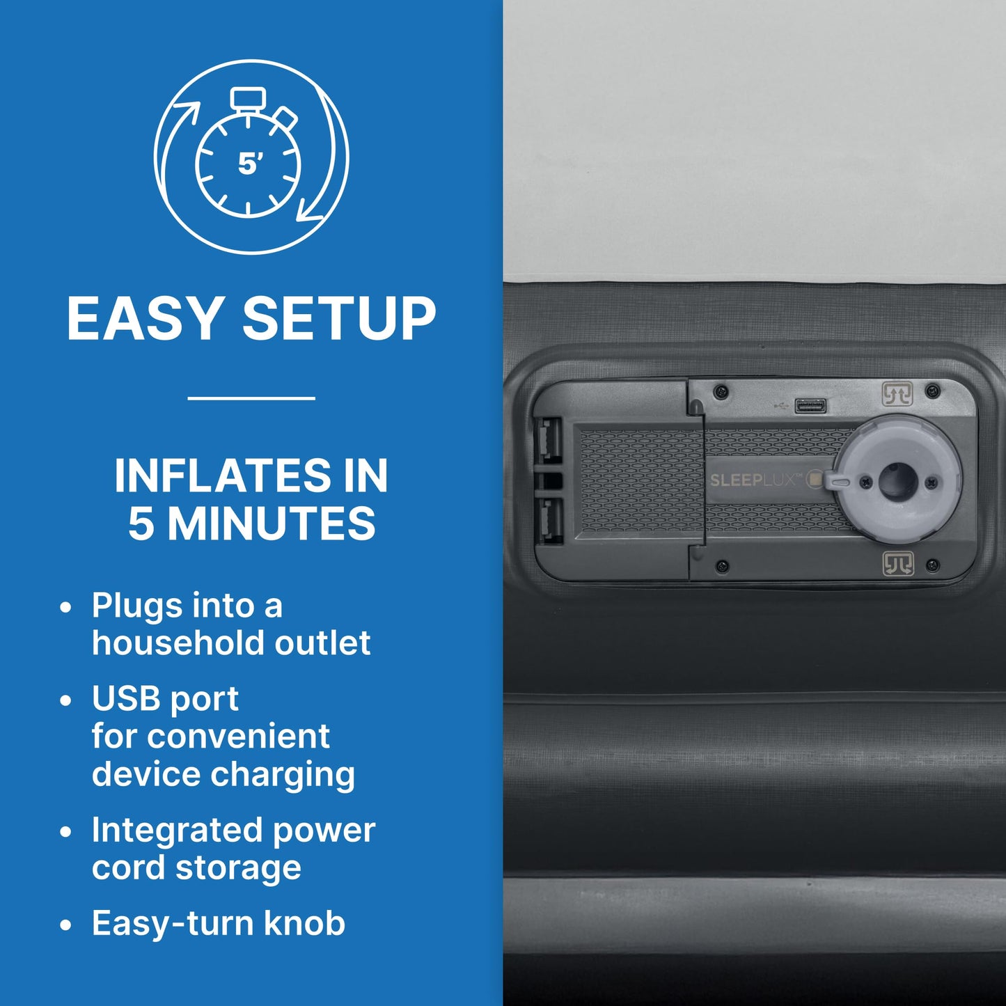 SLEEPLUX Durable Inflatable Air Mattress with Built-in Pump, Pillow and USB Charger, 22" Tall Queen