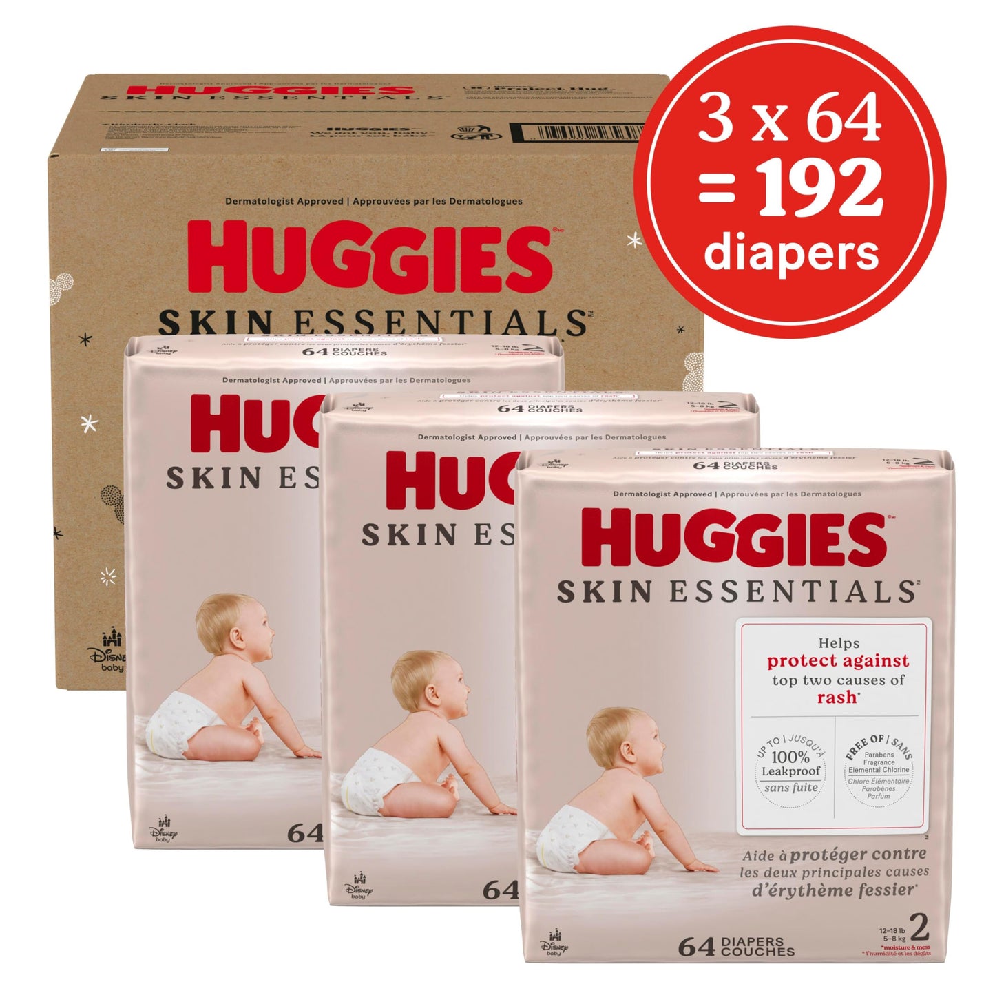 Huggies Size 2 Diapers, Skin Essentials Baby Diapers, Size 2 (12-18 lbs), 192 Count (3 Packs of 64), Packaging May Vary