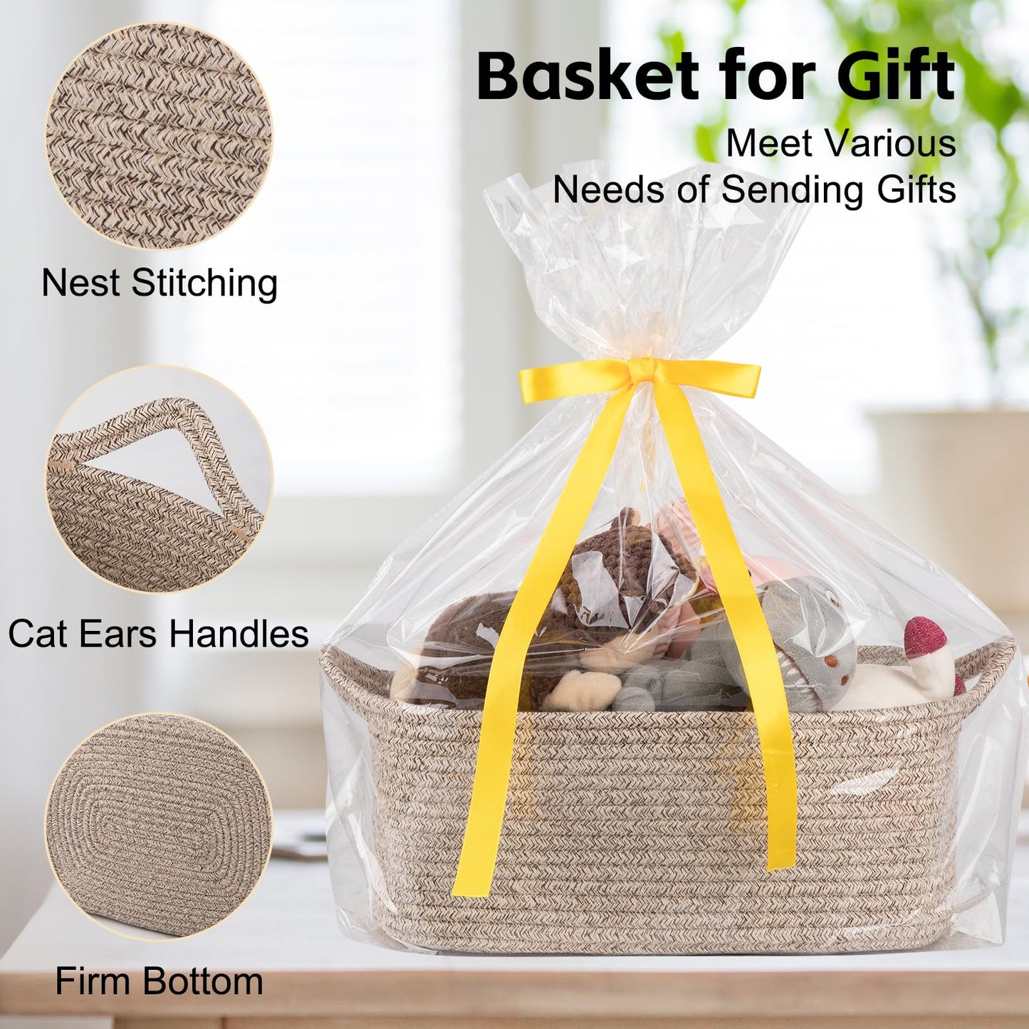 OIAHOMY Woven Basket, Gift Basket Empty with Gift Bags and Ribbons, Rope Baskets for Baby Showers, Storage Baskets with Handles for Nursery, Pet Toy Organizer - Brown