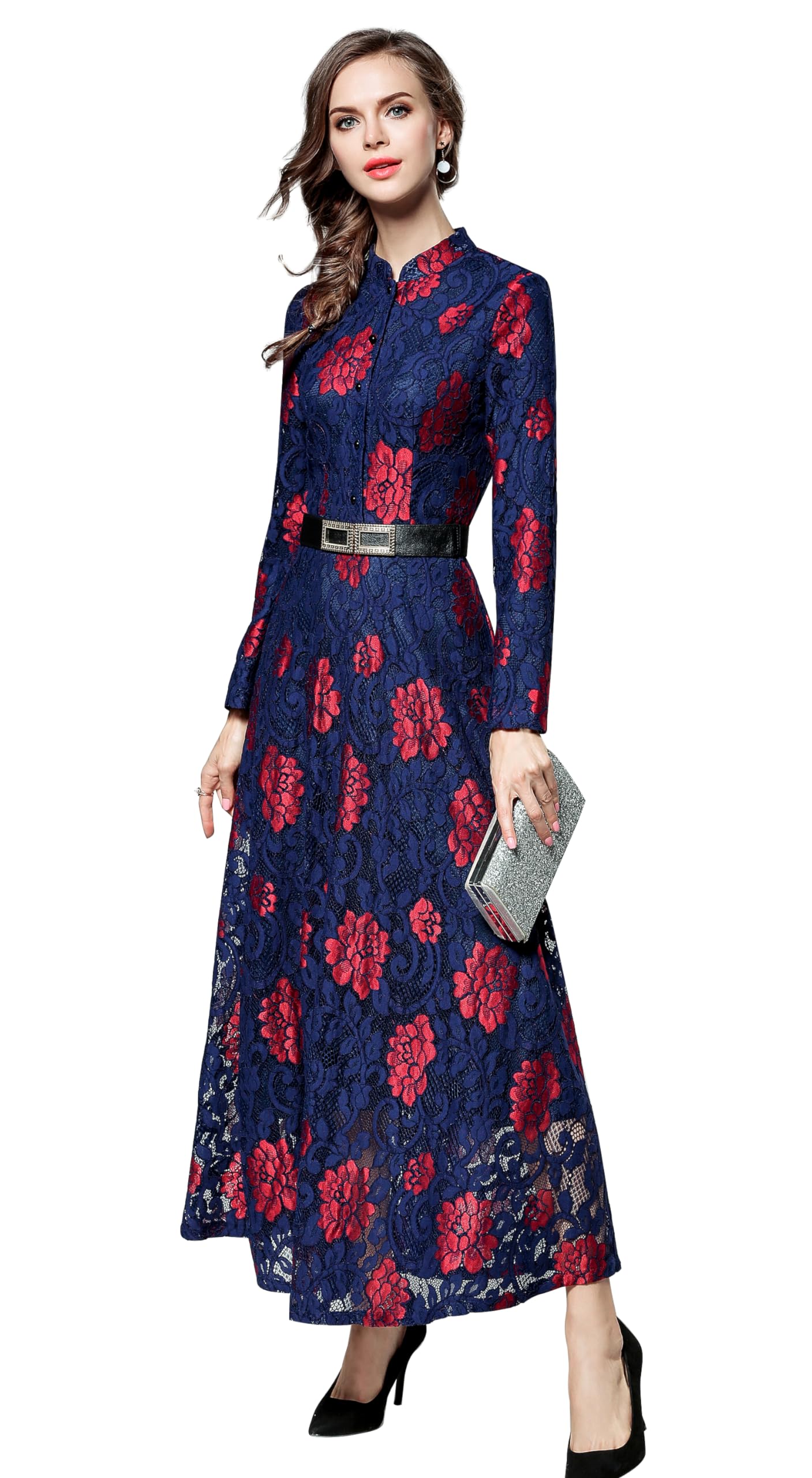 LAI MENG FIVE CATS Women's Flowy Lace Floral Button Front Long Sleeve Dress with Belt Navy Red