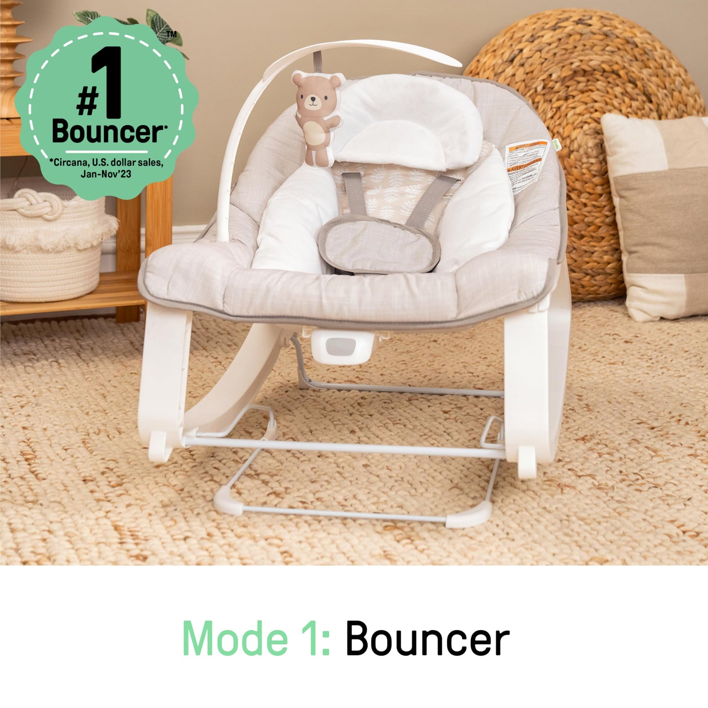 Ingenuity Keep Cozy 3-in-1 Grow with Me Vibrating Baby Bouncer Seat & Infant to Toddler Rocker, Vibrations & Toy Bar, 0-30 Months Up to 40 lbs (Linden)