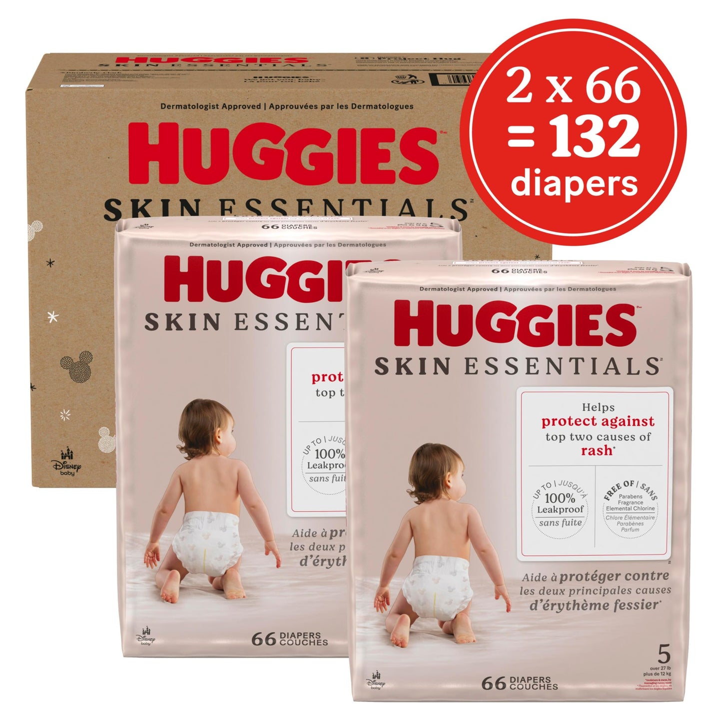 Huggies Size 5 Diapers, Skin Essentials Baby Diapers, Size 5 (27+ lbs), 132 Count (2 Packs of 66), Packaging May Vary