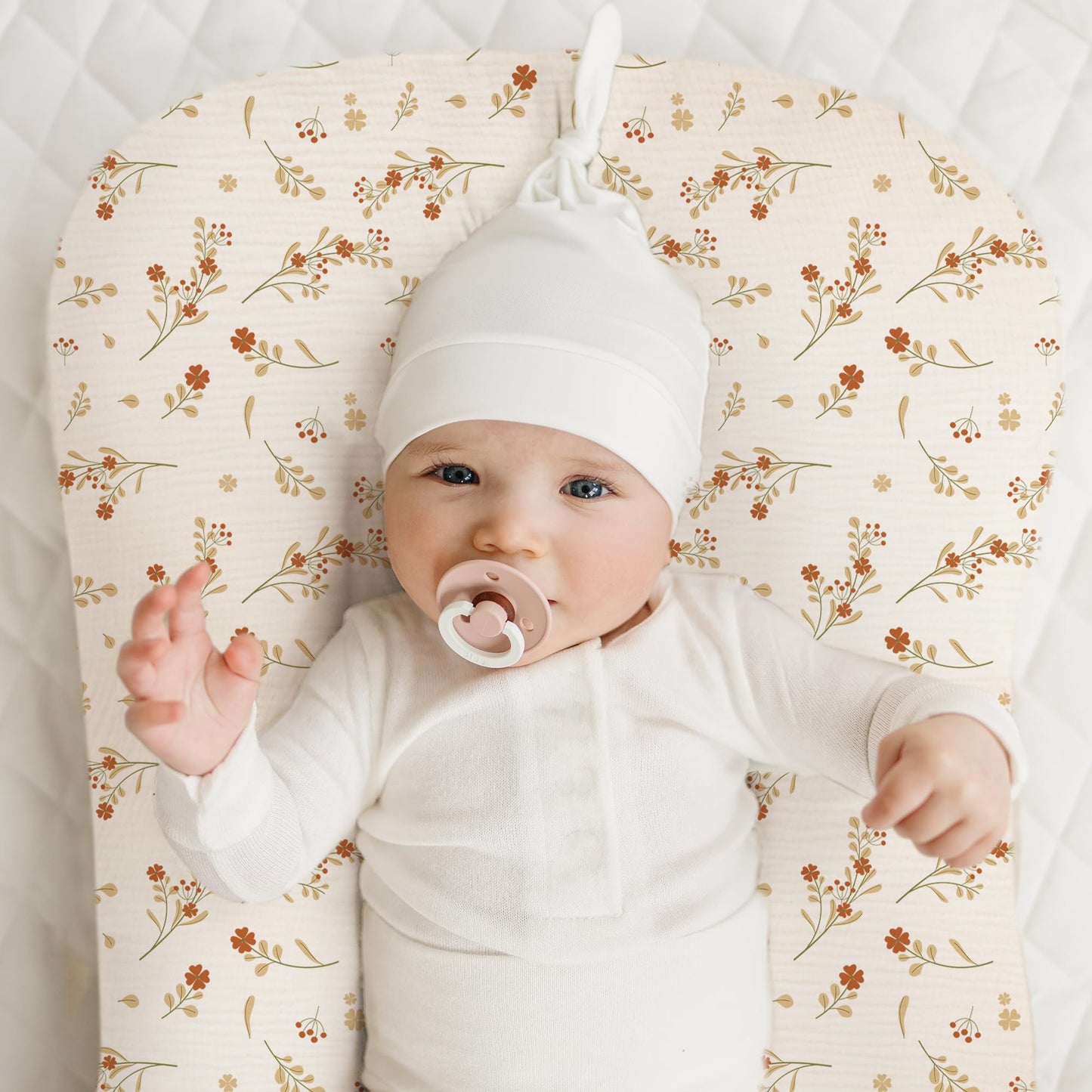 Konssy Muslin Baby Lounger Cover 2 Pack, 100% Cotton Newborn Lounger Cover, Soft and Breathable Baby Nest Slipcover for Boys Girls (Chestnut, Posy)