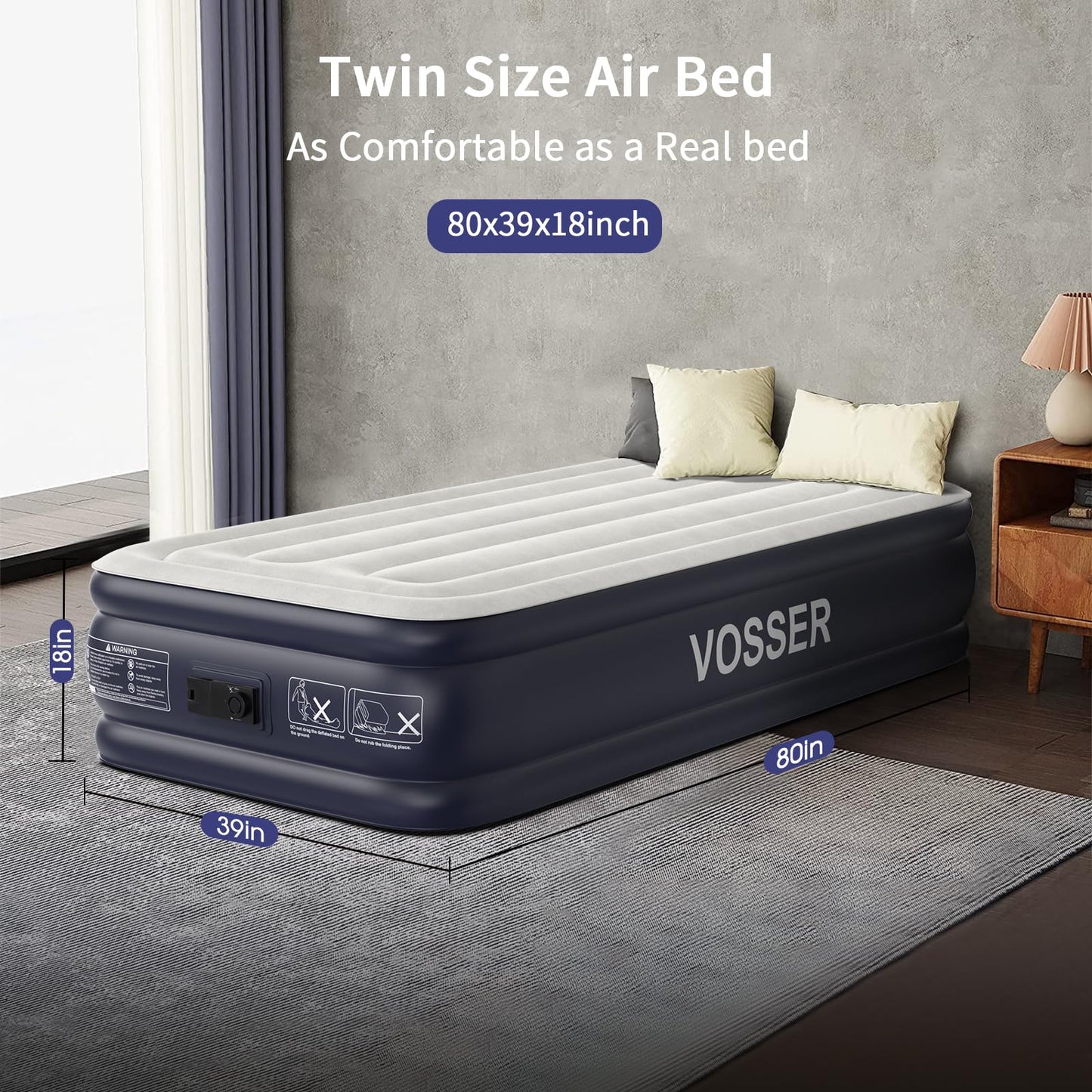 VOSSER Twin Air Mattress with Built in Pump Raised,18''Inflatable Mattress of Upgraded Vertical Beams,Self Inflatable Blow Up Mattress in 3 Mins,Flocked Top Airbed with Carry Bag for Home,Camping