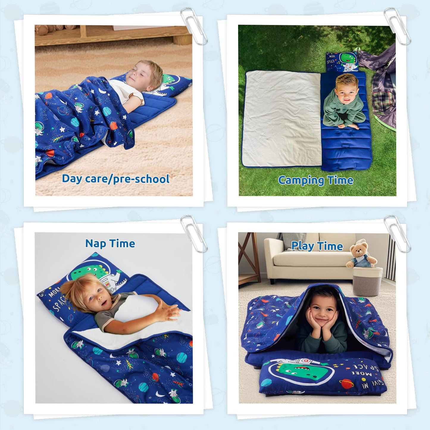 Safotad Toddler Nap Mat with Pillow and Blanket, Soft Sleeping Bag for Kids Boys and Girls, Slumber Bags Kids for Preschool, Daycare, Travel, Camping, 54" x 33" Great for Ages 3-6(Blue)