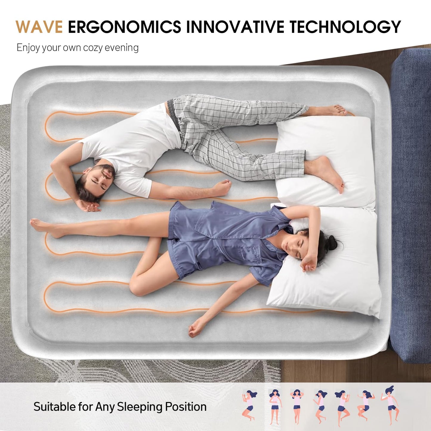 DIVON Air Mattress Queen with Built in Pump,Blow Up Mattress with Wave Pattern in 3 Mins,18'' Quick Inflatable Mattress, Luxury Airbed for Home&Camping,Black,660lbs