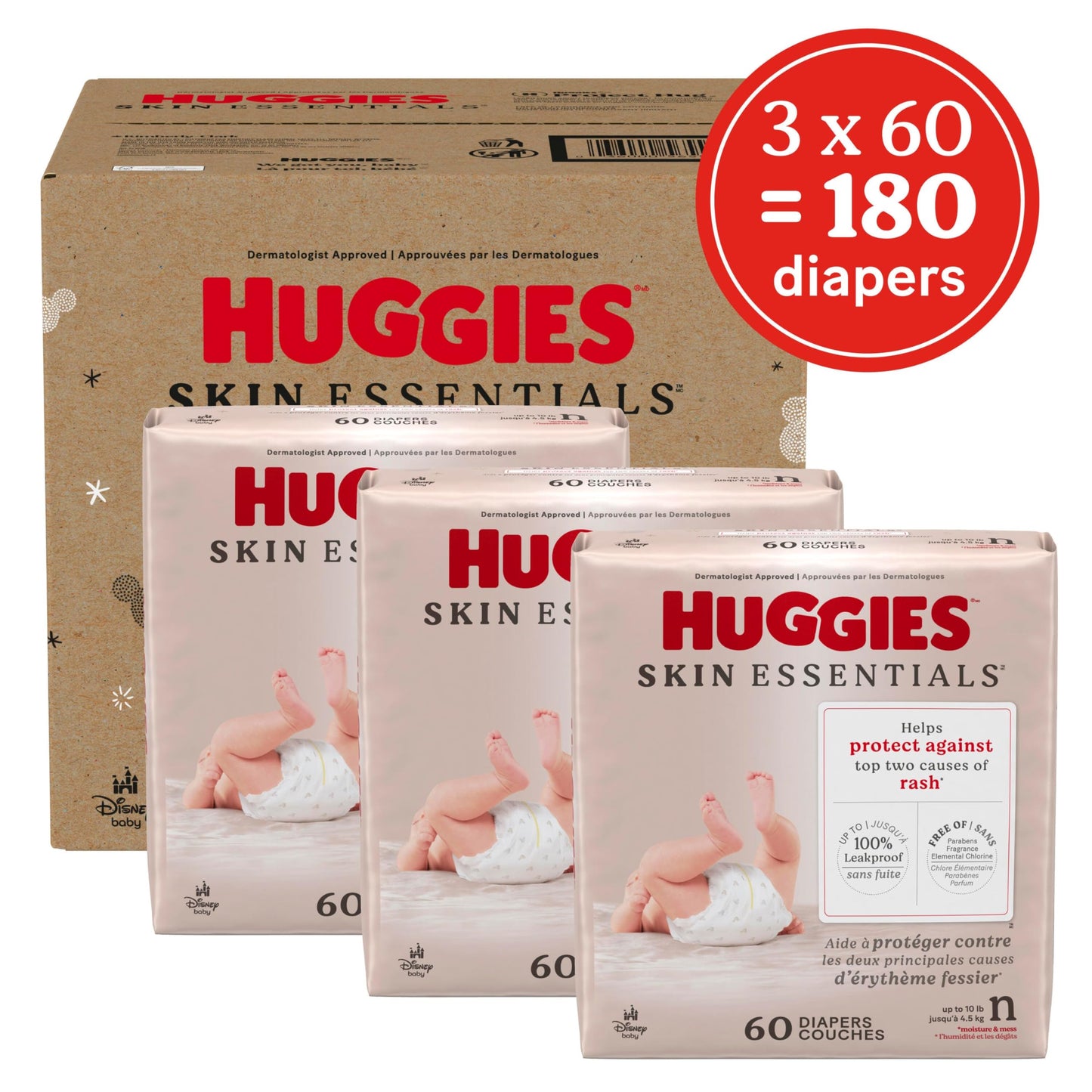 Huggies Size Newborn Diapers, Skin Essentials Baby Diapers, Size Newborn (6-9 lbs), 180 Count (3 Packs of 60), Packaging May Vary