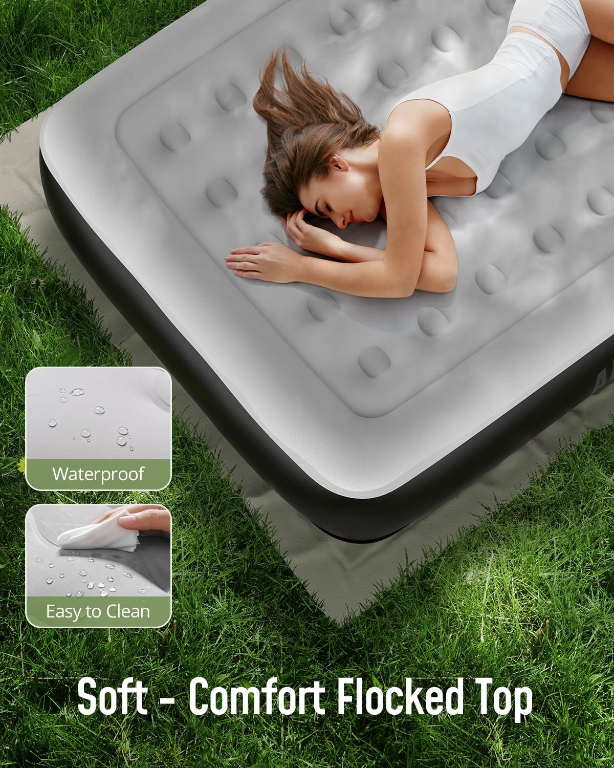 Airefina Queen Air Mattress with Built-in Pump 13", Comfort Blow up Mattress in 3 Mins Inflation/Deflation, Queen Size Inflatable Bed with Flocked Top for Camping, Home, Guest, Portable 80x60x13in