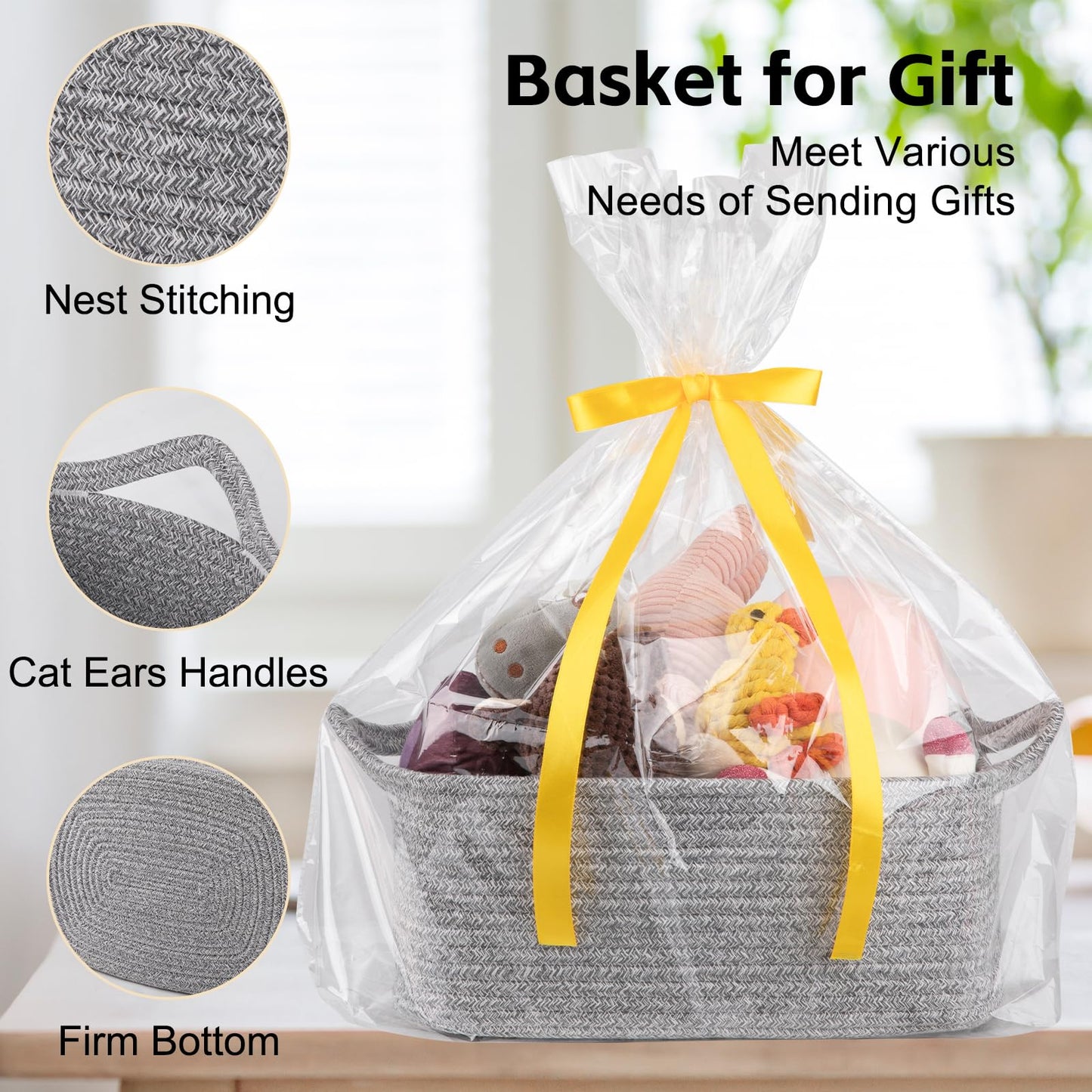 OIAHOMY Woven Basket, Gift Basket Empty with Gift Bags and Ribbons, Rope Baskets for Baby Showers, Storage Baskets with Handles for Nursery, Pet Toy Organizer - Grey