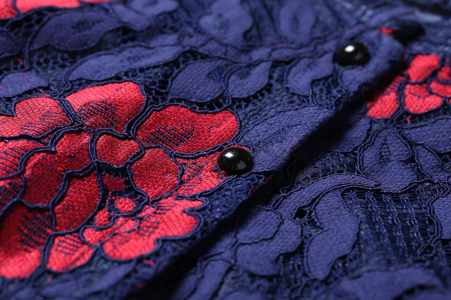 LAI MENG FIVE CATS Women's Flowy Lace Floral Button Front Long Sleeve Dress with Belt Navy Red