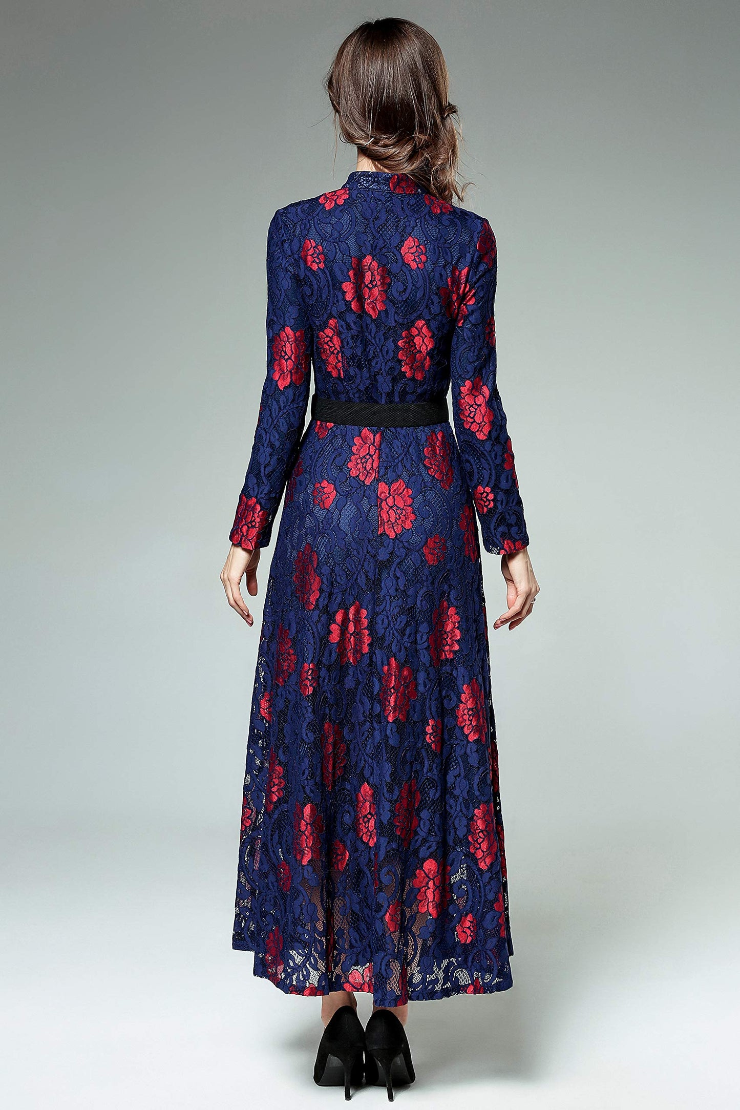 LAI MENG FIVE CATS Women's Flowy Lace Floral Button Front Long Sleeve Dress with Belt Navy Red