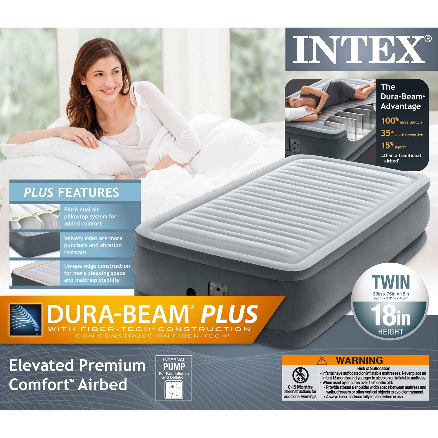 Intex Comfort Plush Elevated Dura-Beam Airbed with Internal Electric Pump, Bed Height 18", Twin