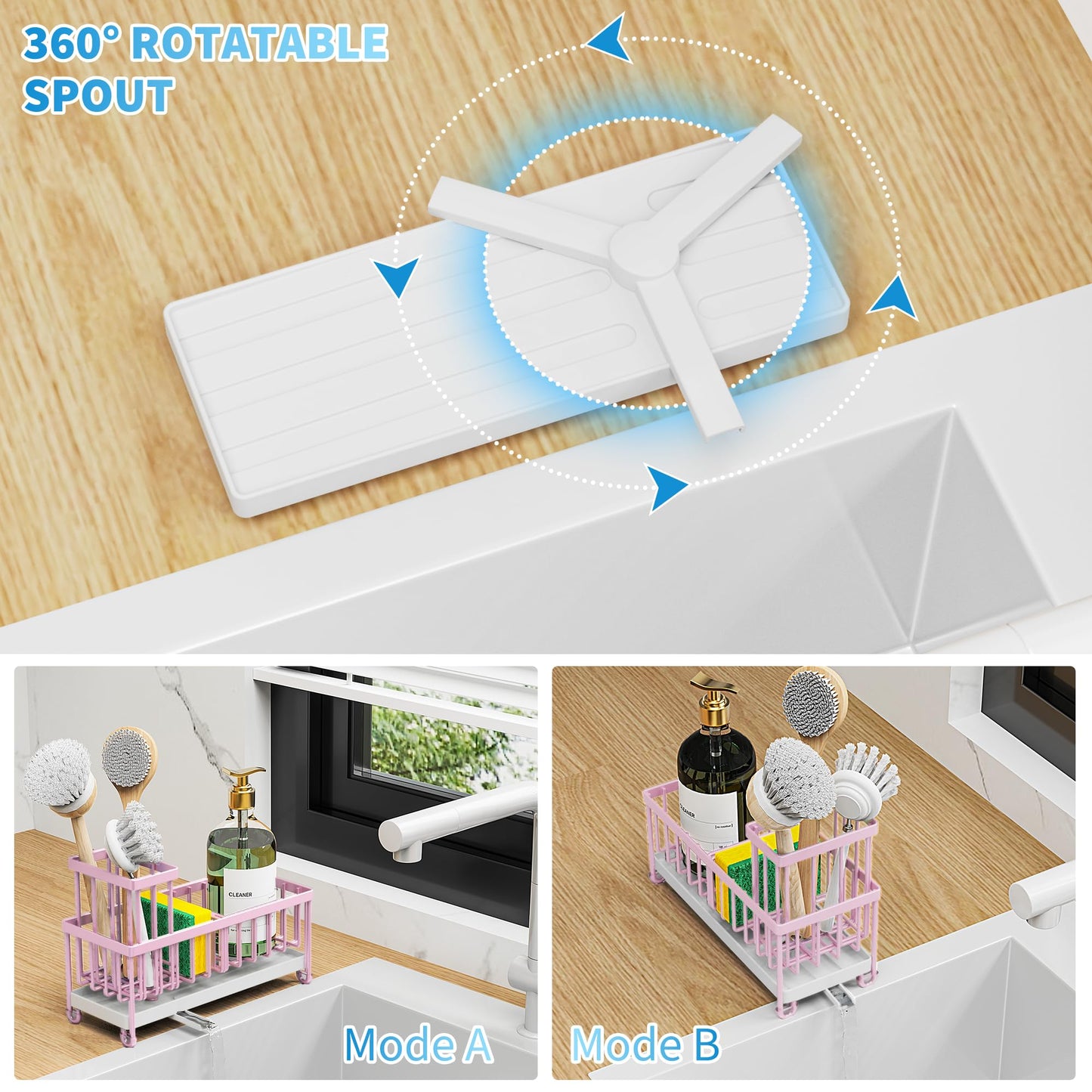 Cisily Pink Sponge Holder for Kitchen Sink, Sink Caddy Organizer with High Brush Holder, Kitchen Countertop Rustproof 304 Stainless Steel, Soap Dispenser Kitchen Organizers and Storage Essentials