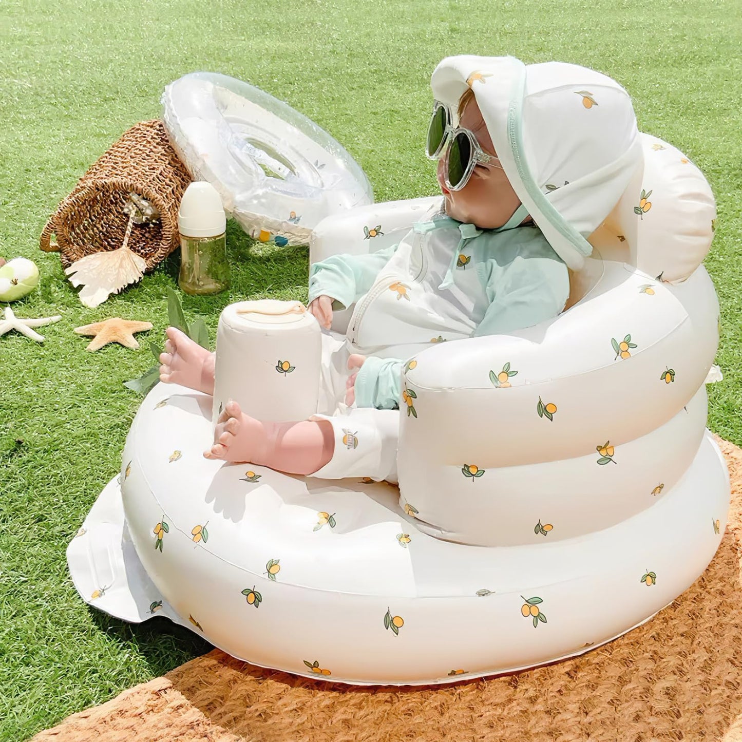 EKEPE Inflatable Baby Seat for Babies 3 Months & Up, Infant Floor Seats for Sitting Up, Baby Seats for Infants, Blow Up Baby Chair with Built in Air Pump - Olive Flower