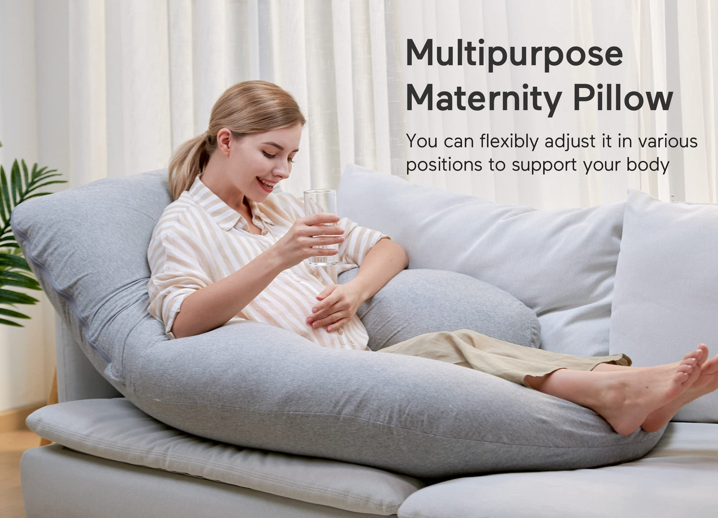 Momcozy U Shaped Pregnancy Pillows with Cotton Removable Cover, 57 Inch Full Body Pillow Maternity Support, Must Have for Pregnant Women, Hatha Grey
