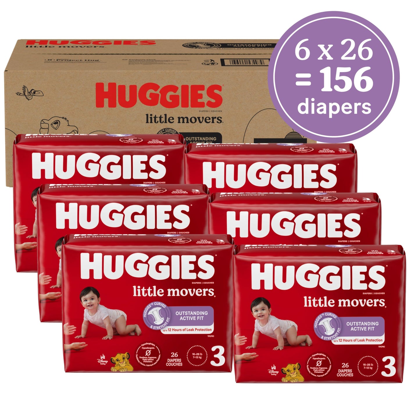 Huggies Size 3 Diapers, Little Movers Baby Diapers, Size 3 (16-28 lbs), 156 Count (6 packs of 26)