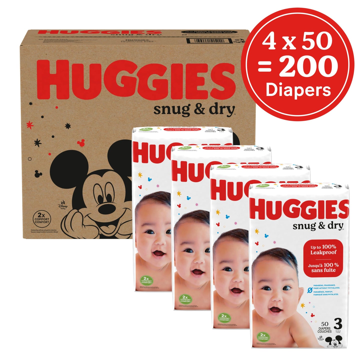 Huggies Size 3 Diapers, Snug & Dry Baby Diapers, Size 3 (16-28 lbs), 200 Count (4 Packs of 50), Packaging May Vary