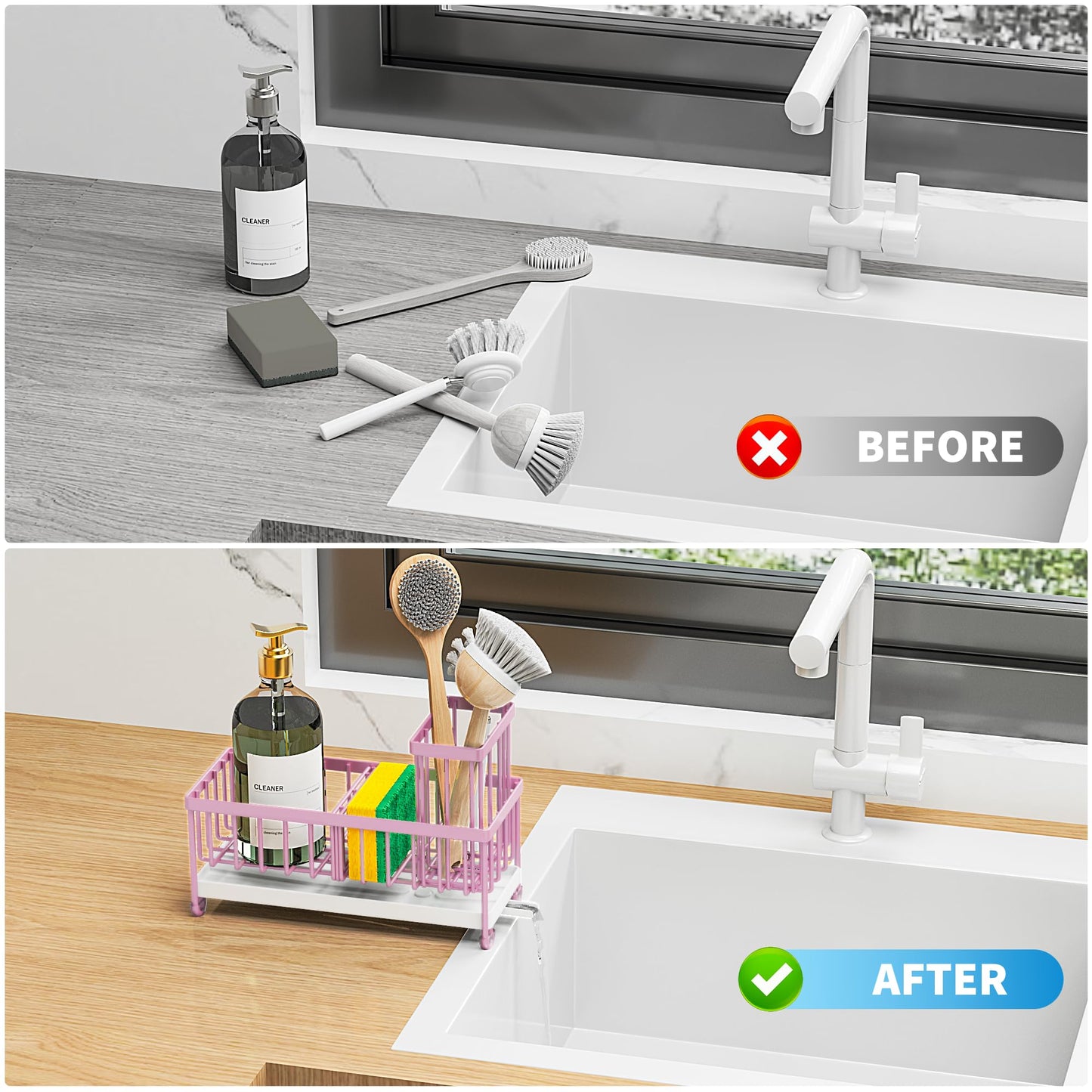 Cisily Pink Sponge Holder for Kitchen Sink, Sink Caddy Organizer with High Brush Holder, Kitchen Countertop Rustproof 304 Stainless Steel, Soap Dispenser Kitchen Organizers and Storage Essentials