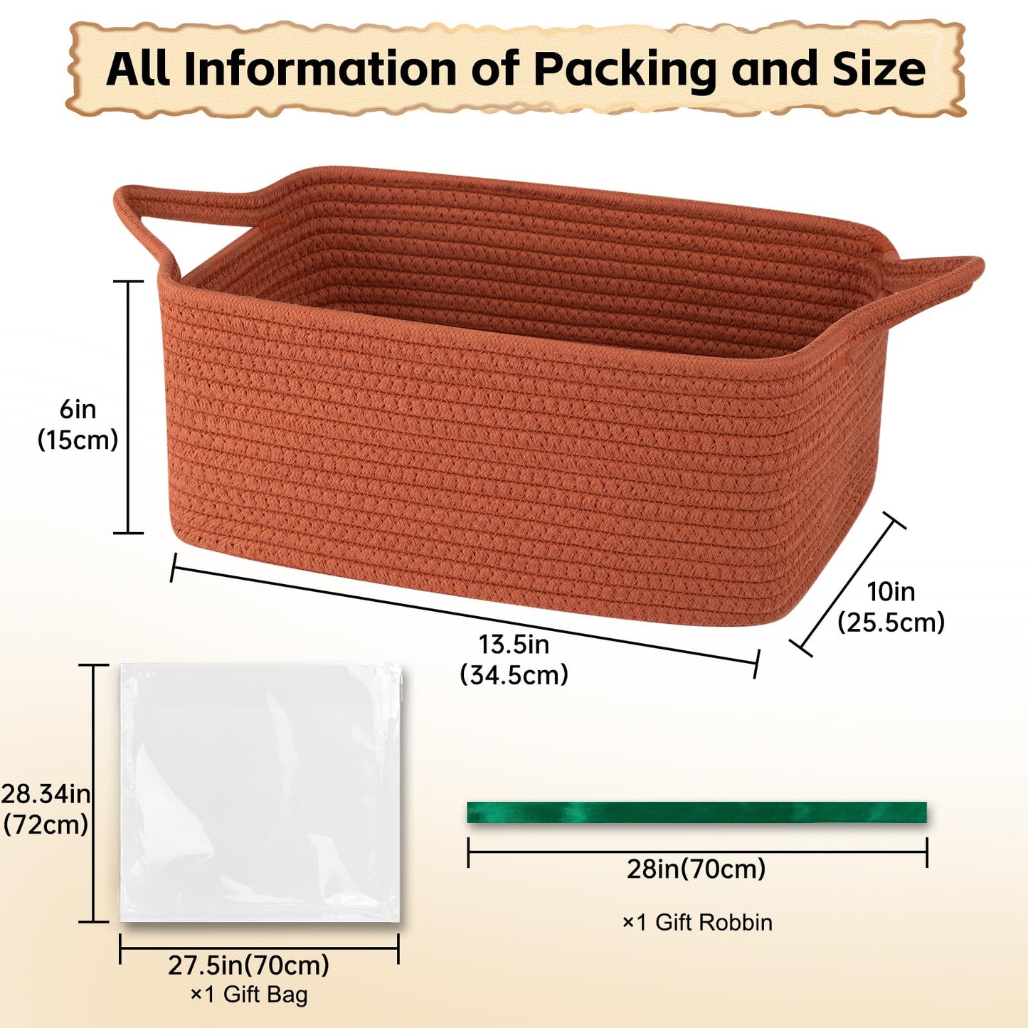 OIAHOMY Woven Basket, Gift Basket Empty with Gift Bags and Ribbons, Rope Baskets for Baby Showers, Storage Baskets with Handles for Nursery, Pet Toy Organizer - Rust Red