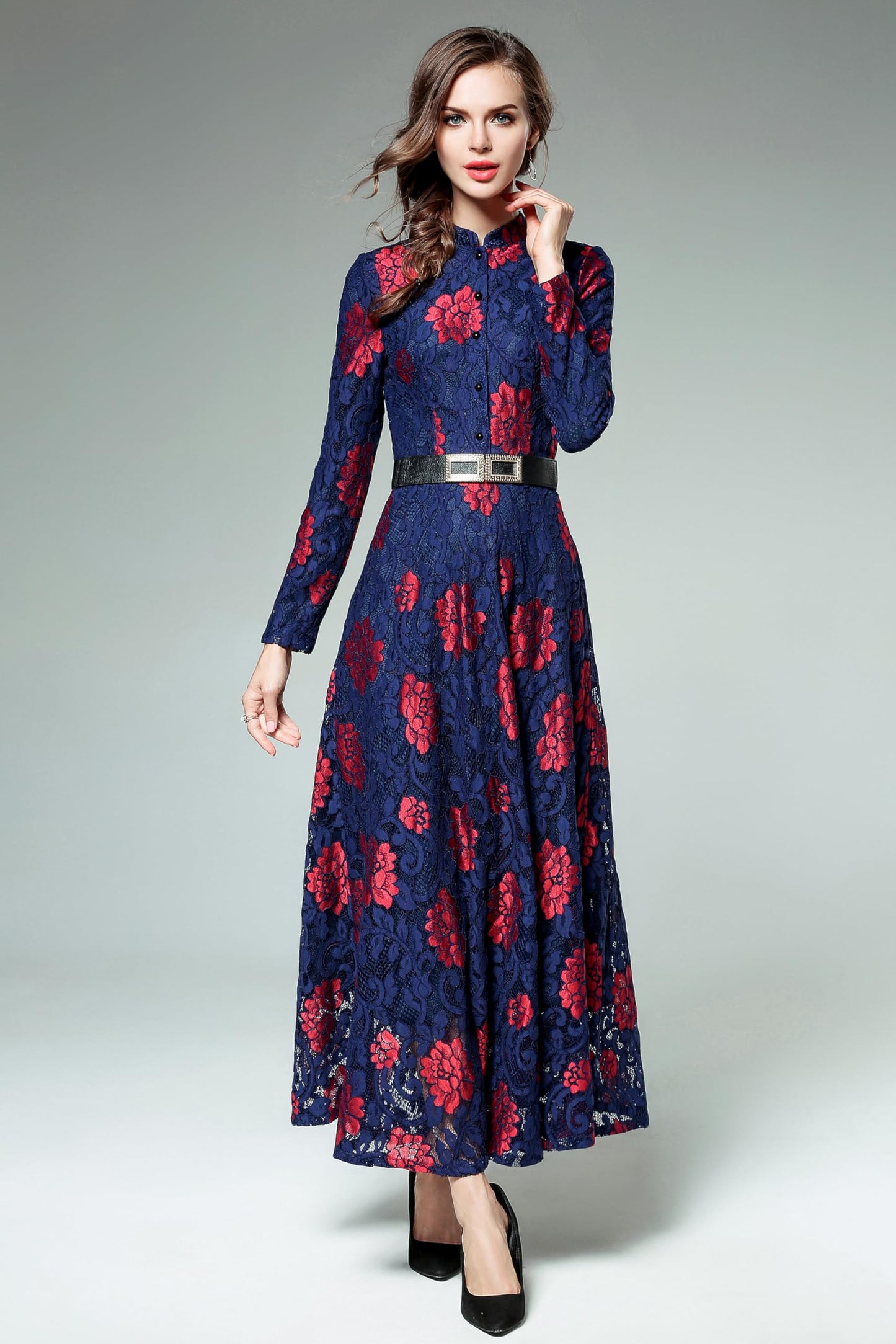 LAI MENG FIVE CATS Women's Flowy Lace Floral Button Front Long Sleeve Dress with Belt Navy Red