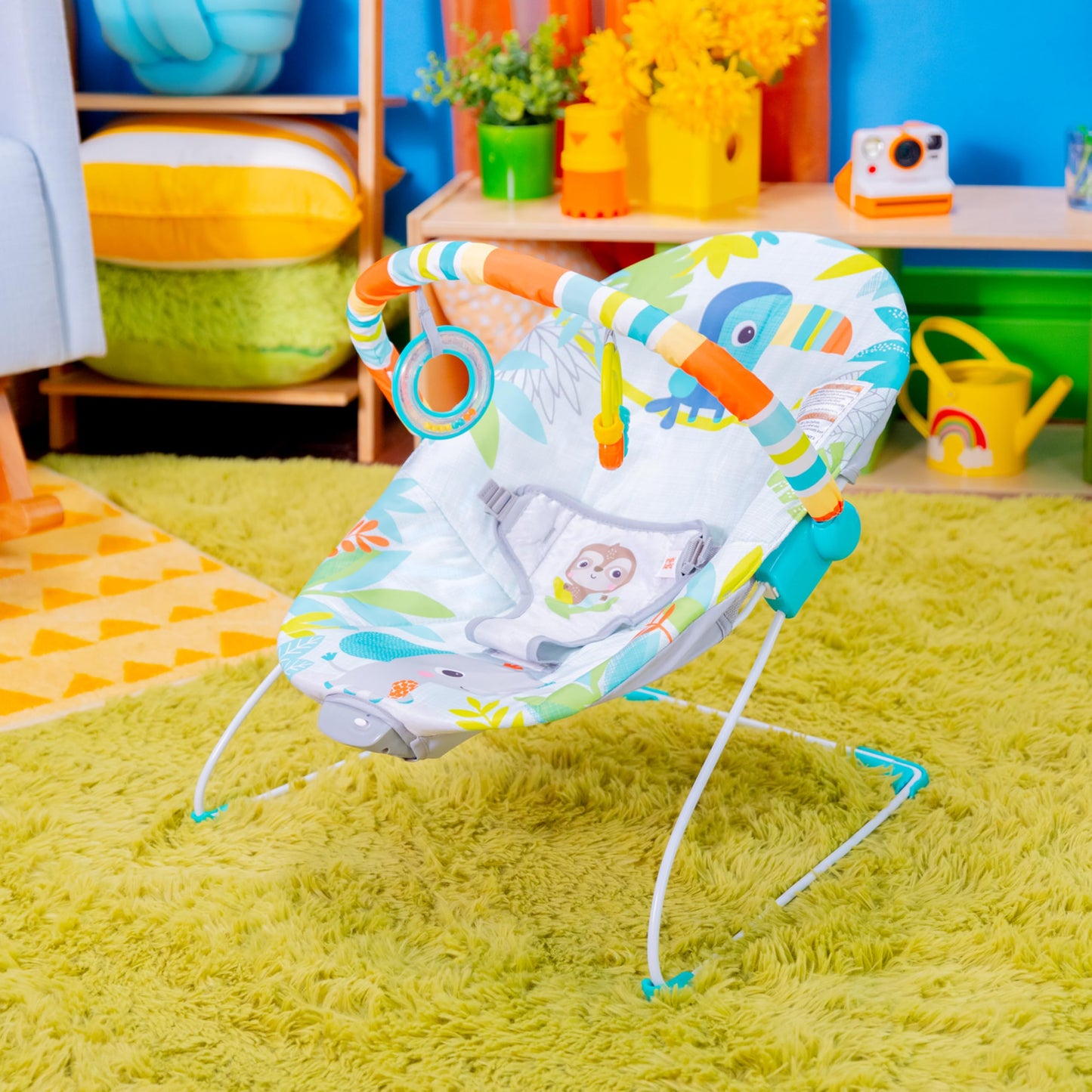 Bright Starts Baby Bouncer Soothing Vibrations Infant Seat - Removable -Toy Bar, Nonslip Feet, 0-6 Months Up to 20 lbs (Rainforest Vibes)