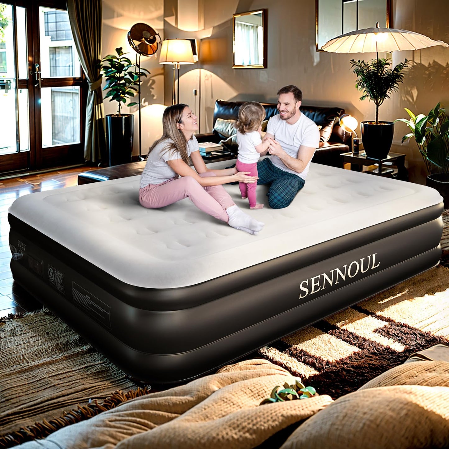 SENNOUL Air Mattress Queen with Built in Pump - Upgraded Blow Up Bed,2 Mins Quick Self Inflatable and Deflate, 18"/650lbs Max, Strong Support, Flocked Top, Puncture Resistant, for Camping,Home,Guests