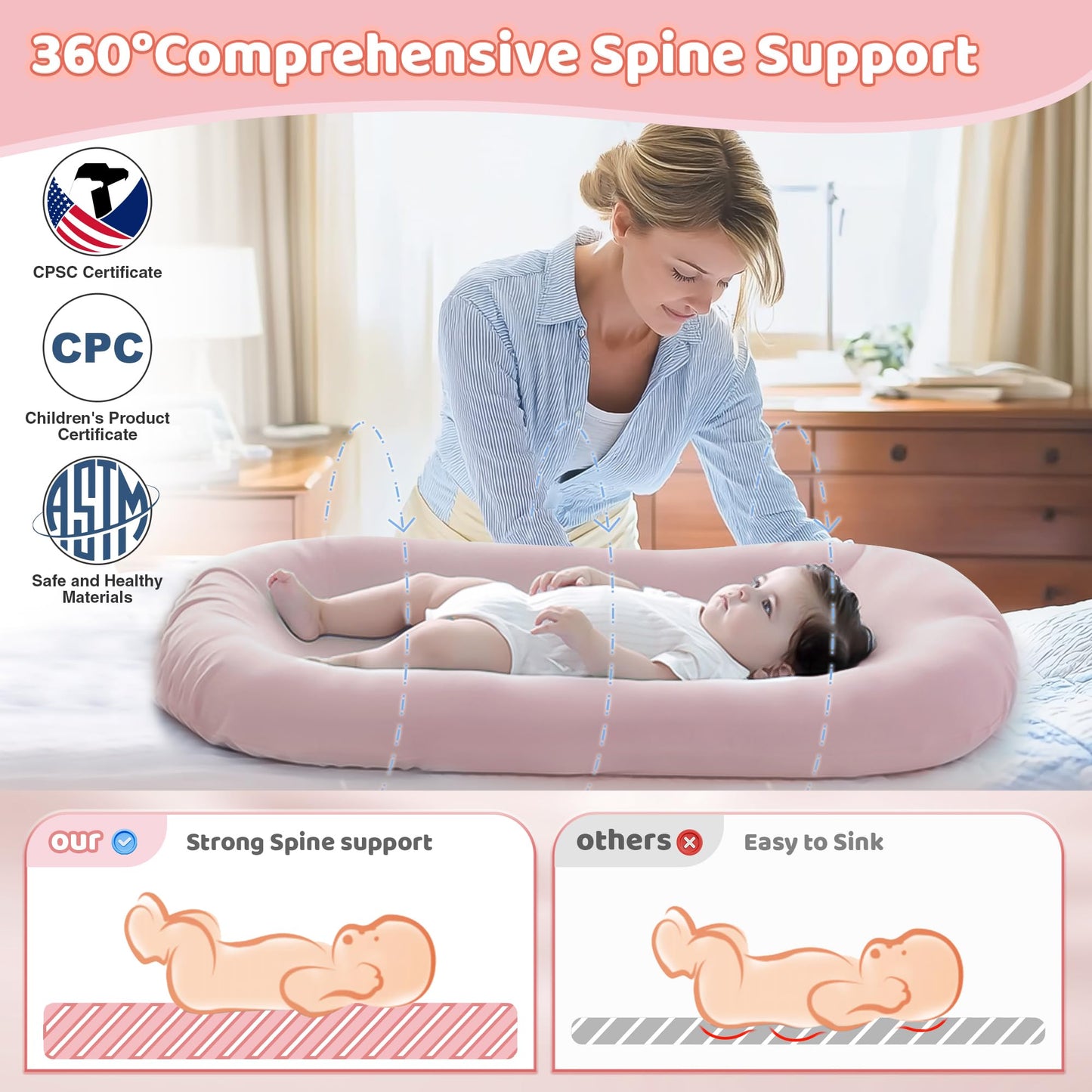 Baby Lounger - Baby Lounger for Newborn, 0-24 Months, Infant Lounger for Home and Travel, Soft Cotton, Baby Nest Lounger, Newborn Babies Essentials Gifts, Pink (Lounger Cover Included)