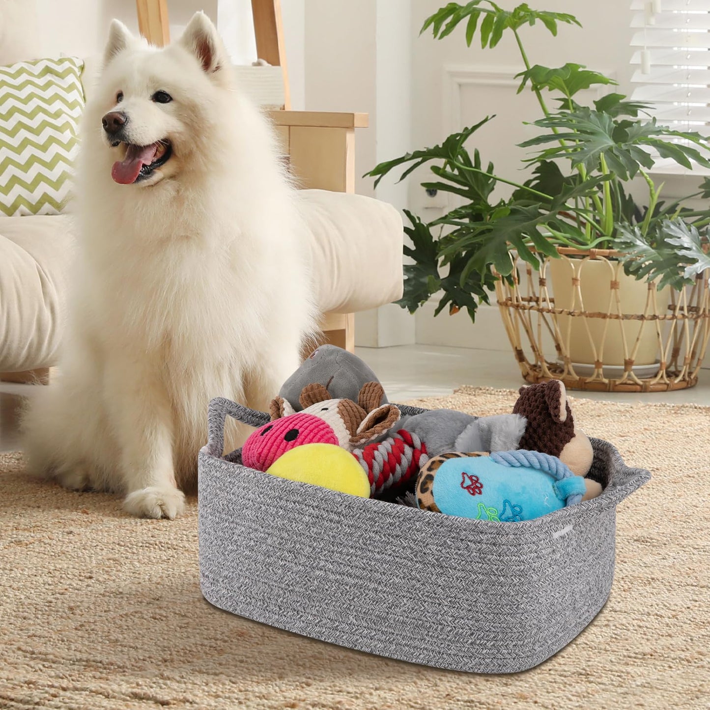 OIAHOMY Woven Basket, Gift Basket Empty with Gift Bags and Ribbons, Rope Baskets for Baby Showers, Storage Baskets with Handles for Nursery, Pet Toy Organizer - Grey