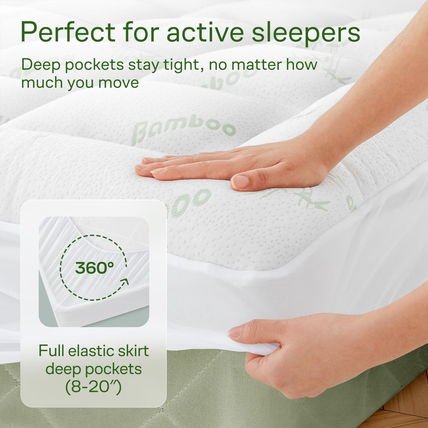 Ultra Soft Full Size Mattress Topper - Viscose Made from Bamboo Pillow Top Mattress Pad for Back Pain Relief - Naturally Cooling for Hot Sleepers, Green