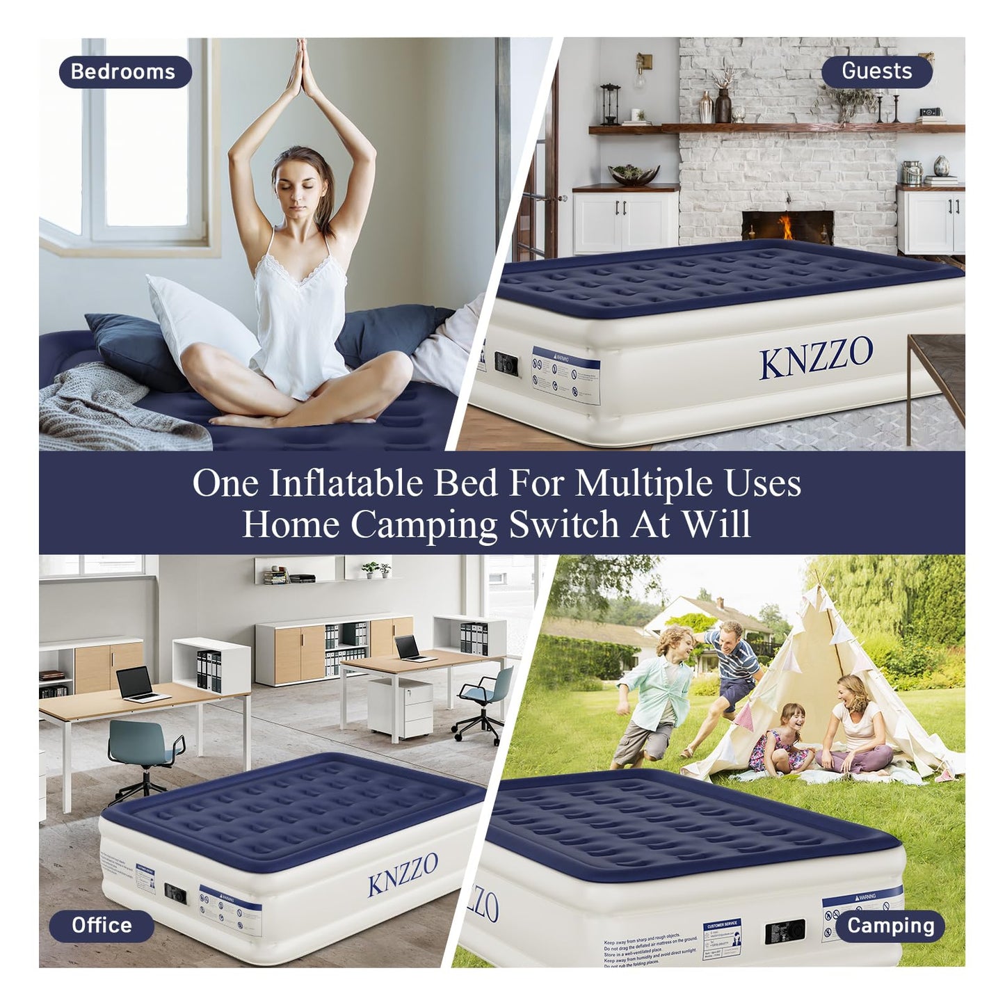 KNZZO Air Mattress Full with Built-in Pump, Blow Up Mattress with Soft Flocked Top, Leakproof Inflatable Mattress, Foldable Waterproof Air Bed for Home, Guests, Camping, with Storage Bag