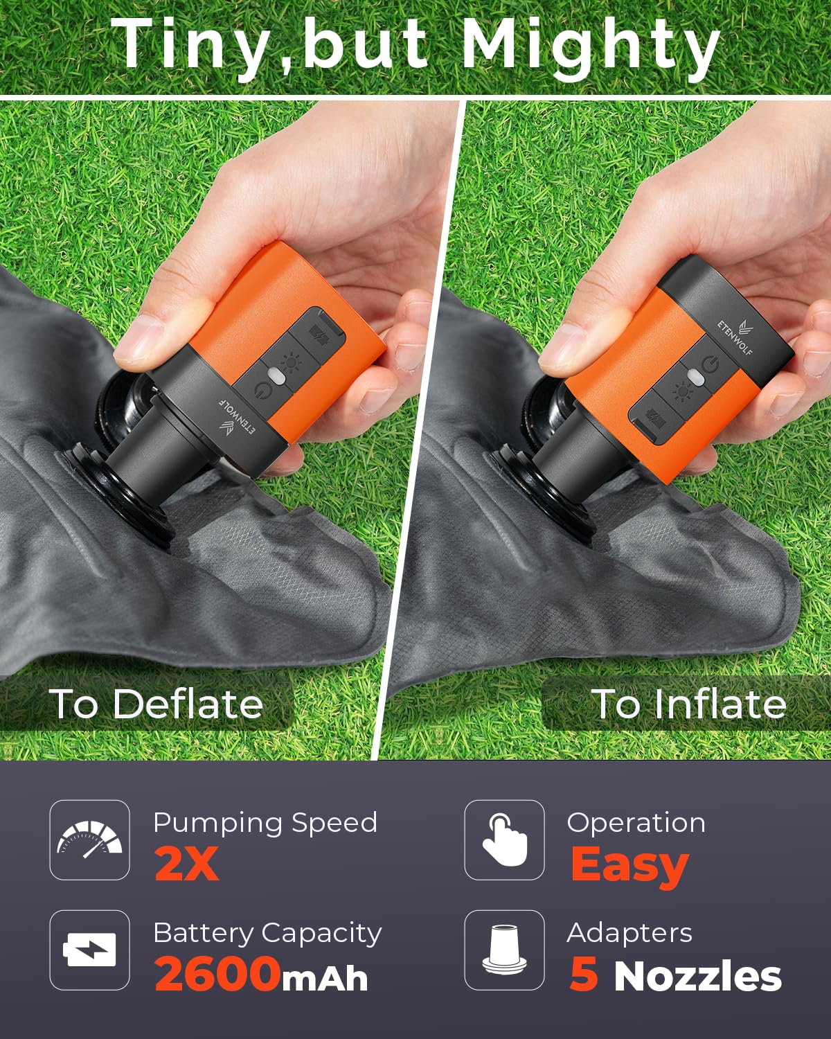 ETENWOLF AIR 3 Air Pump for Inflatables with 2600 mAh Battery & Camping Light, Ultra-Fast and Mini Electric Air Pump, Inflate Deflate for Air Mattress, Pool Floats, Vacuum Storage Bags