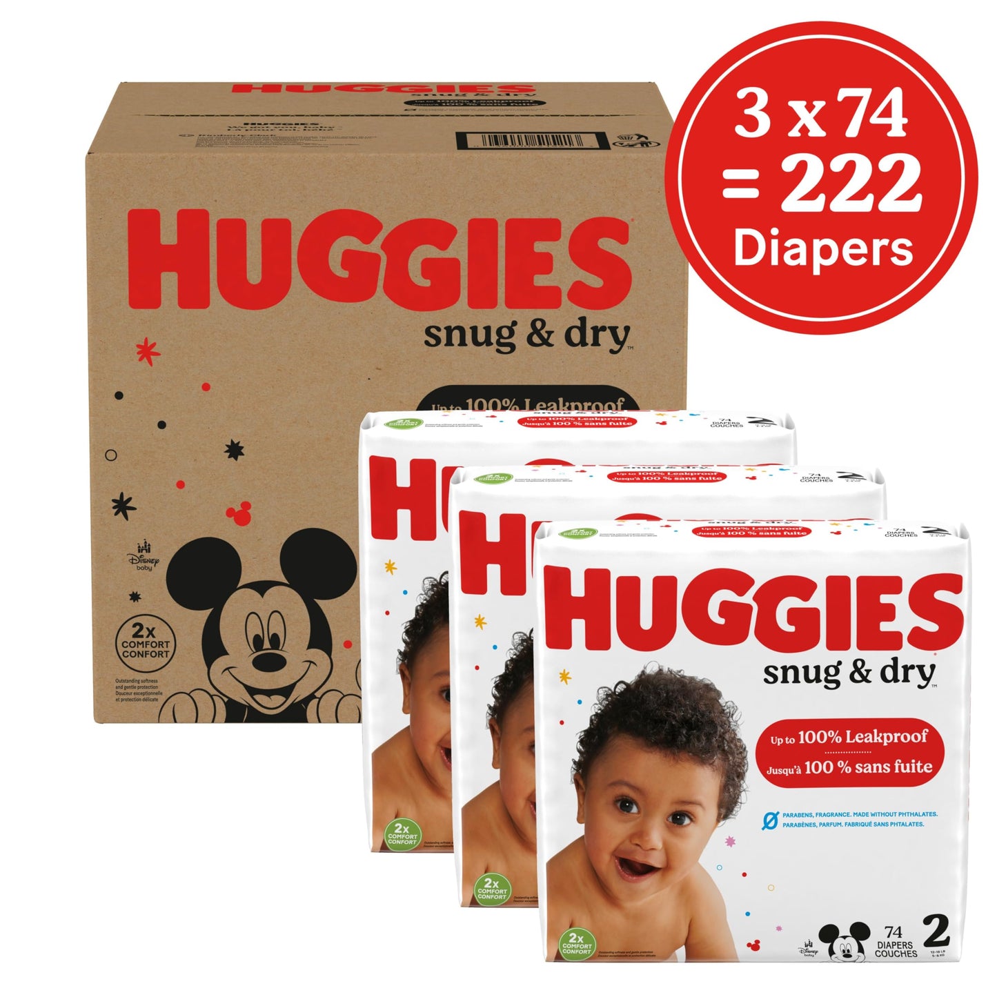 Huggies Size 2 Diapers, Snug & Dry Baby Diapers, Size 2 (12-18 lbs), 222 Count (3 Packs of 74), Packaging May Vary