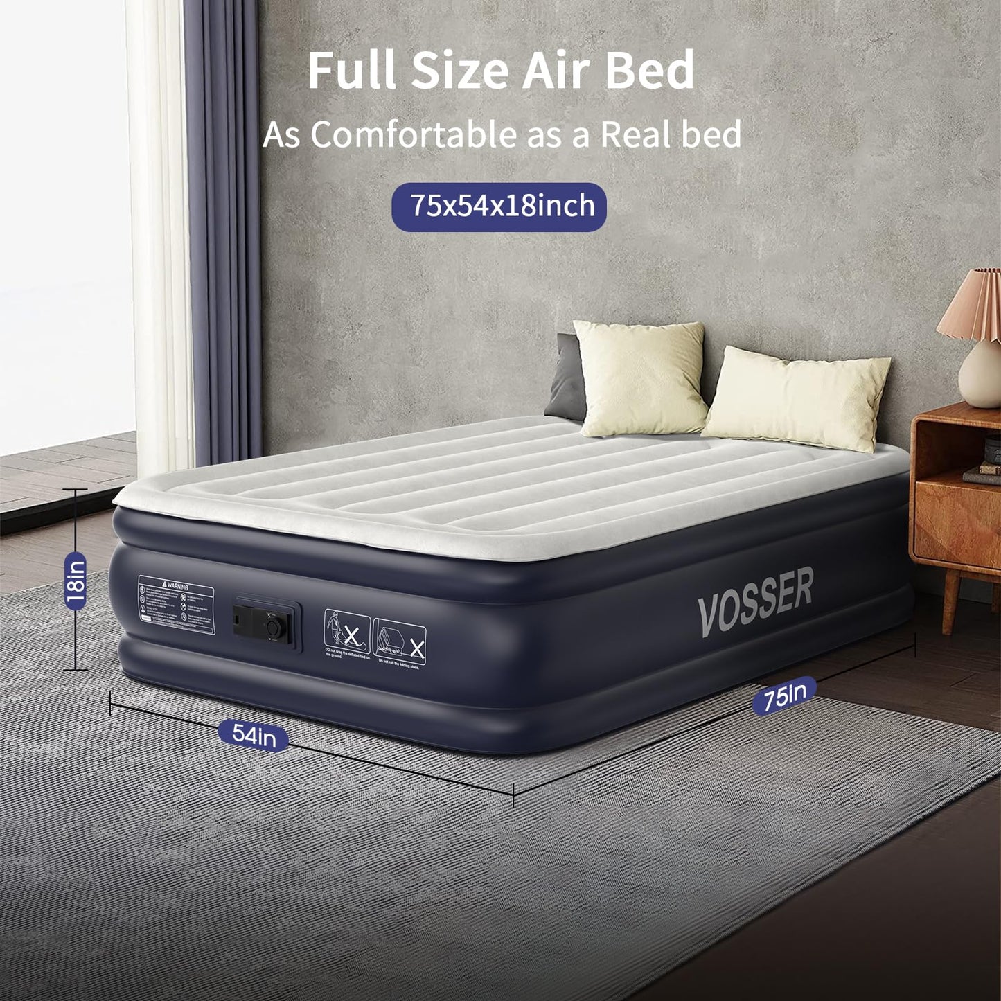 VOSSER Air Mattress Full with Built in Pump,18''Inflatable Mattress of Upgraded Vertical Beams,Self Inflatable/Deflation Blow Up Mattress in 3 Mins,Flocked Top Airbed with Carry Bag for Home, Camping