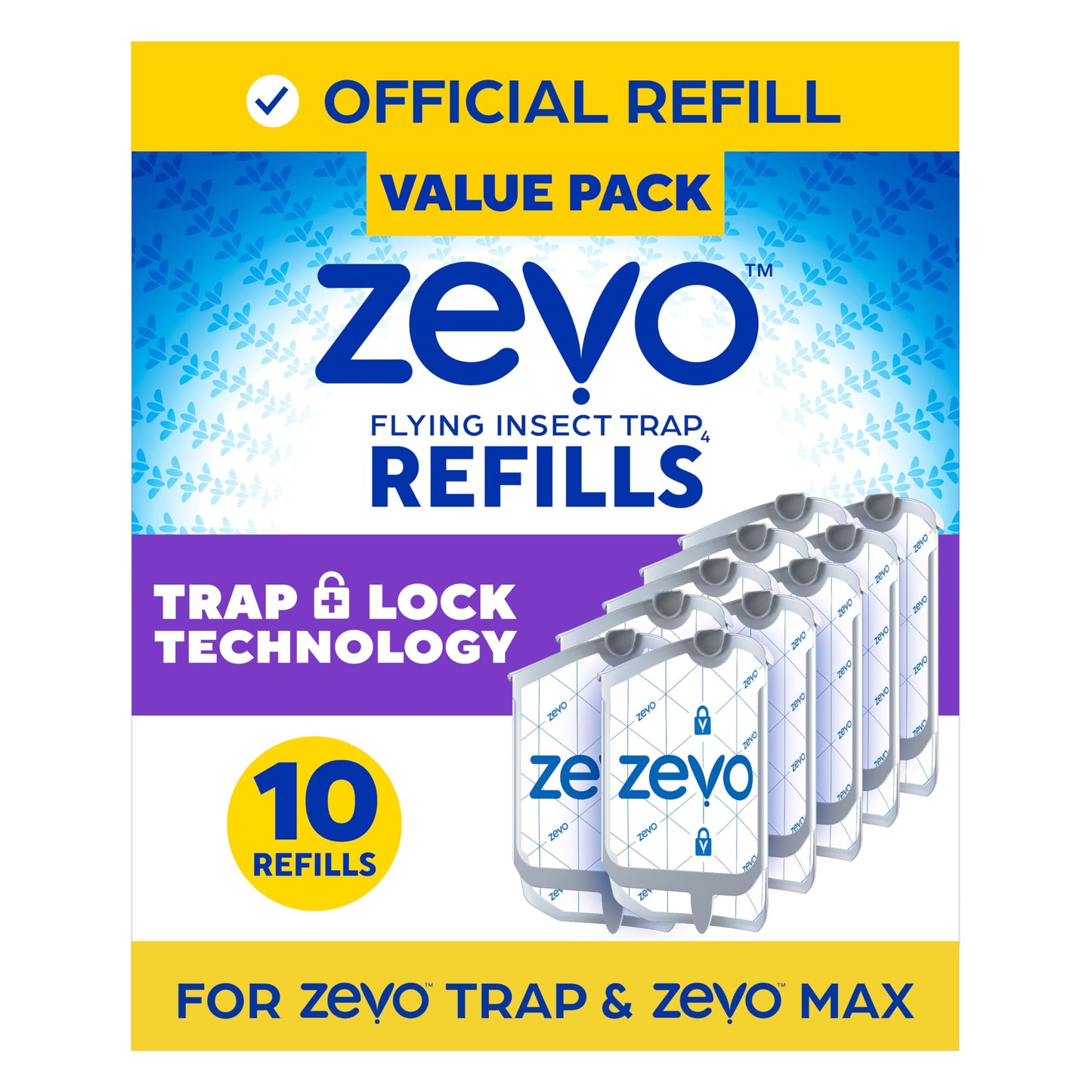 Zevo Flying Insect Trap Refill - for The Zevo MAX & Standard Indoor Fly Trap - Catch Gnats, House & Fruit Flies - Easy to Use - Mess-Free Disposal (10 Refill Cartridges)