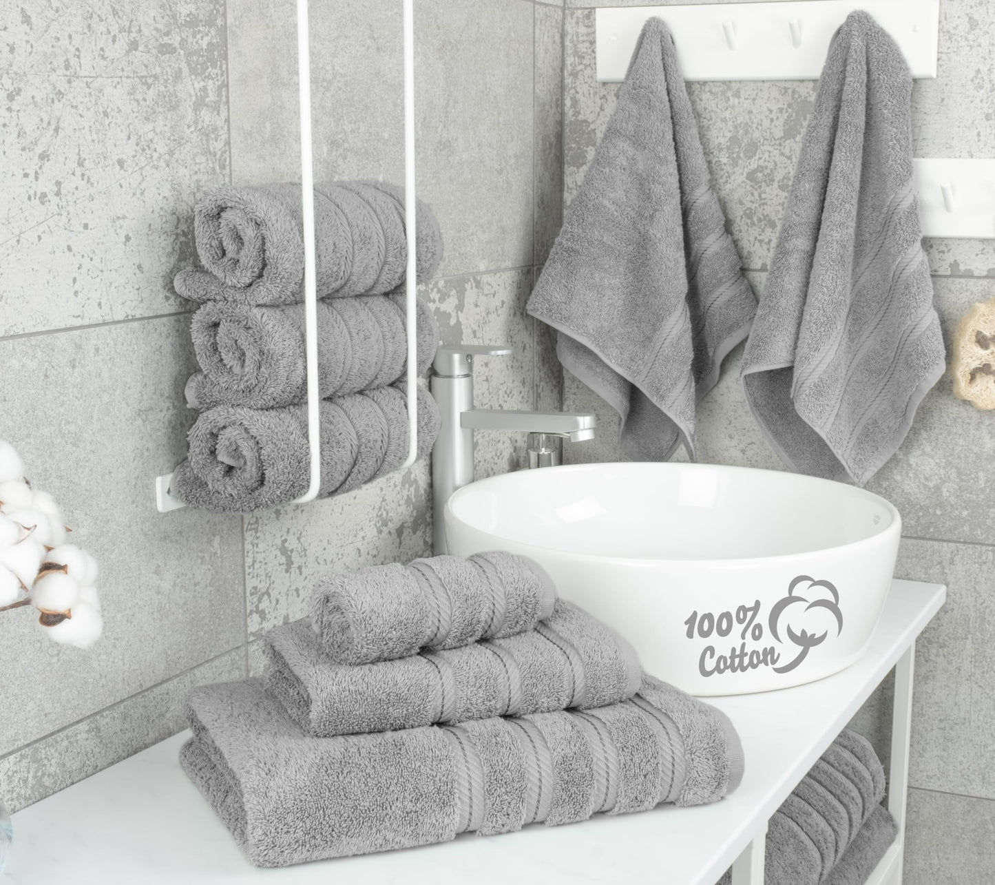 American Soft Linen Luxury 6 Piece Towel Set, 2 Bath Towels 2 Hand Towel 2 Washcloths, 600 GSM 100% Cotton Turkish Towels for Bathroom, Light Grey Towel Sets