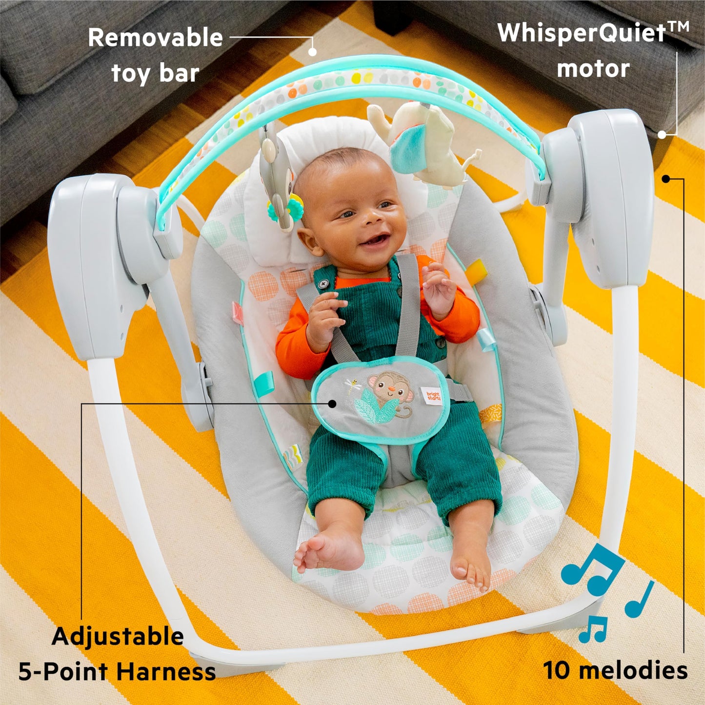 Bright Starts Portable Automatic 6-Speed Baby Swing with Adaptable Speed, Taggies, Music, Removable-Toy-Bar, 0-9 Months 6-20 lbs (Whimsical Wild)