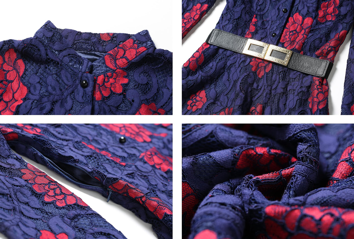LAI MENG FIVE CATS Women's Flowy Lace Floral Button Front Long Sleeve Dress with Belt Navy Red