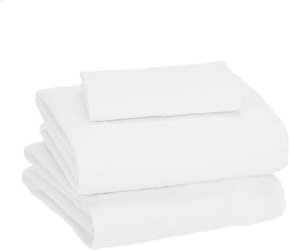 Amazon Basics 3 Piece Bed Sheets Set, 100% Cotton Jersey, Includes Super Soft, Flat and Fitted Sheets, Pillowcase, Toddler, White, Solid