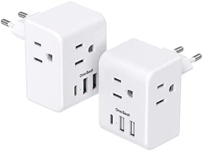 2 Pack European Travel Plug Adapter, One Beat International Power Adapter with 3 Outlets 3 USB Ports(1 USB C), Type C Plug Adaptor for US to Europe Italy Spain France Germany Iceland Travel Essentials