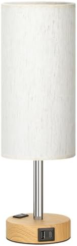Bedside Table Lamp for Bedroom - 3 Way Dimmable Touch Lamp USB C Charging Ports and AC Outlet, Small Lamp Wood Base Round Flaxen Fabric Shade for Living Room, Desk, LED Bulb Included