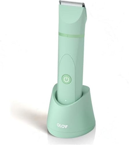 OLOV Electric Body Hair Trimmer - Groin Trimmer for Men - Bikini Trimmer Women - Wet/Dry Shaver Groomer, Replaceable Ceramic Blade Heads, USB Recharge Dock, Waterproof Hygiene Razor, Green