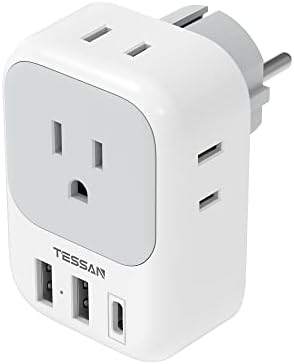 TESSAN Type E F Plug Adapter, Germany France Power Adapter with 3 USB Ports(1 USB C), 4 AC Outlets Travel Adaptor for US to Europe EU Spain Iceland Korea Greece Russia German French