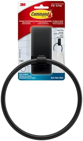 Command Hand Towel Holder Matte Black with Water Resistant Command Strips, Rust Resistant Bathroom Organizer, Holds up to 5 lbs, 1 Ring