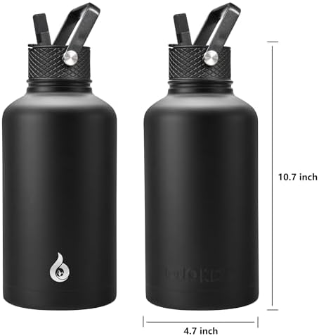 BJPKPK Half Gallon Insulated Water Bottles with Straw Lid, 64oz Large Water Jug, Stainless Steel Bottles with 3 Lids and Paracord Handle, Thermos for Hot & Cold Liquid, Black