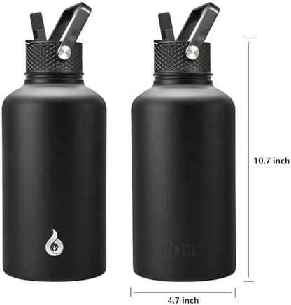 BJPKPK Half Gallon Insulated Water Bottles with Straw Lid, 64oz Large Water Jug, Stainless Steel Bottles with 3 Lids and Paracord Handle, Thermos for Hot & Cold Liquid, Black