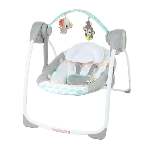 Bright Starts Portable Automatic 6-Speed Baby Swing with Adaptable Speed, Taggies, Music, Removable-Toy-Bar, 0-9 Months 6-20 lbs (Whimsical Wild)