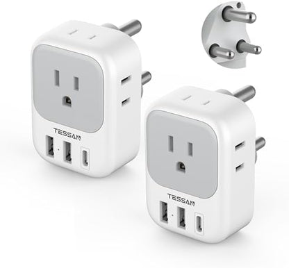 South Africa Plug Adapter 2 Pack, TESSAN Type M Power Adapter with 4 AC Outlets 3 USB Ports(1 USB C), Travel Adaptor US to Botswana Namibia Nepal Bhutan