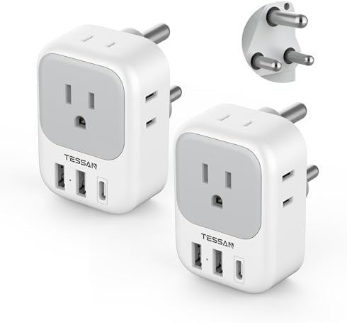 South Africa Plug Adapter 2 Pack, TESSAN Type M Power Adapter with 4 AC Outlets 3 USB Ports(1 USB C), Travel Adaptor US to Botswana Namibia Nepal Bhutan